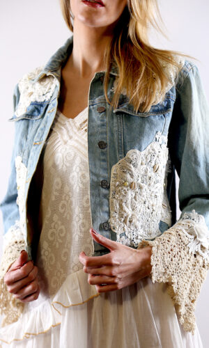 Jean jacket with outlet lace bottom